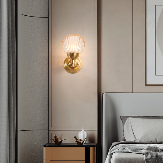 Modern Brass Wall Sconce With Scalloped Frosted Glass Shade