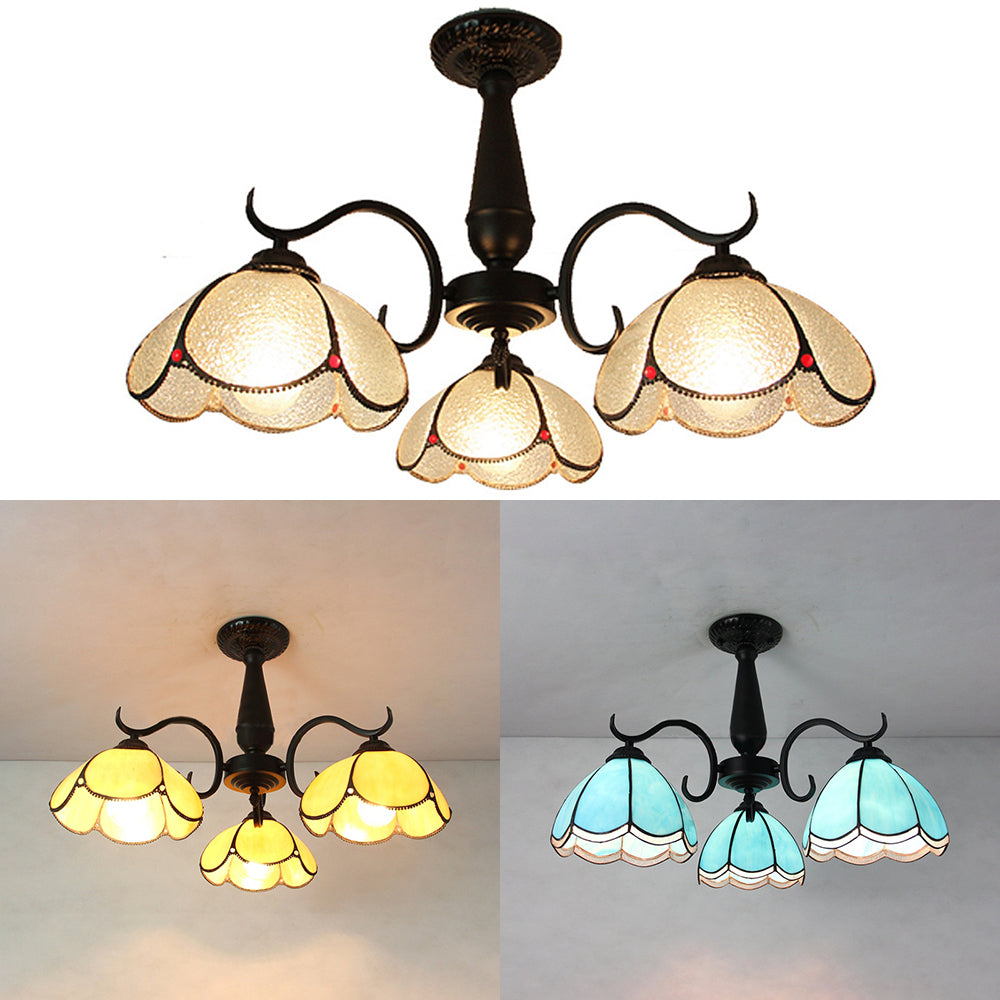 Semi Flush Mount Stained Glass Ceiling Light Fixture with 3 Domed Retro Style Heads - Beige/Clear/Blue for Foyer