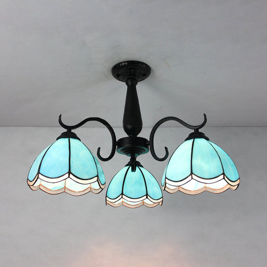 Semi Flush Mount Stained Glass Ceiling Light Fixture with 3 Domed Retro Style Heads - Beige/Clear/Blue for Foyer