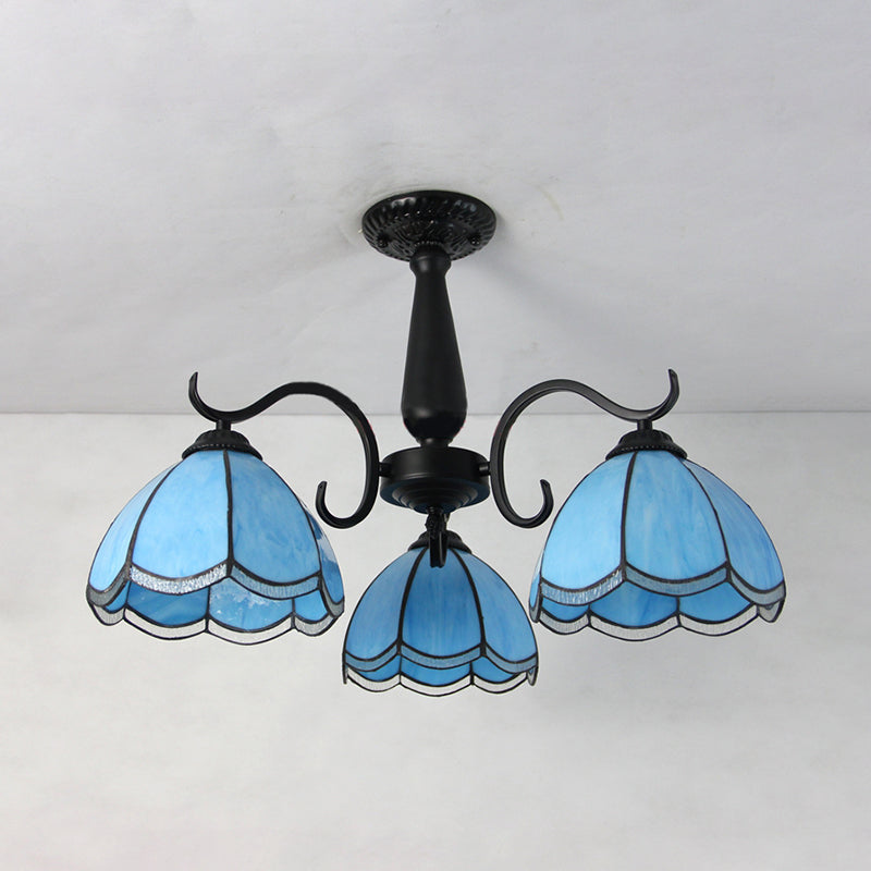 Semi Flush Mount Stained Glass Ceiling Light Fixture with 3 Domed Retro Style Heads - Beige/Clear/Blue for Foyer