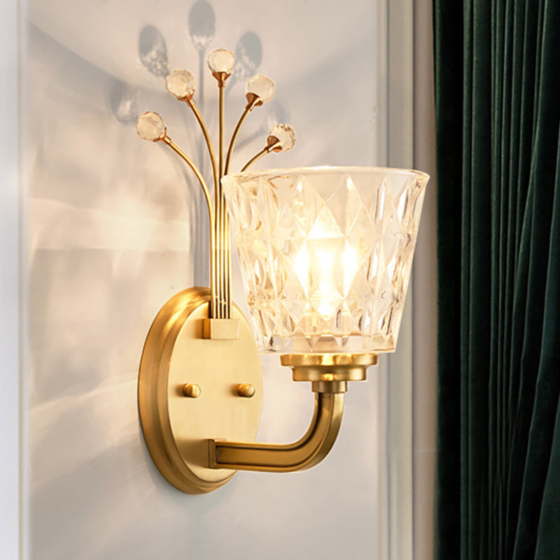 Modern Flush Wall Sconce With Clear Glass Shade And Crystal In Brass Finish - 1/2-Light Tapered