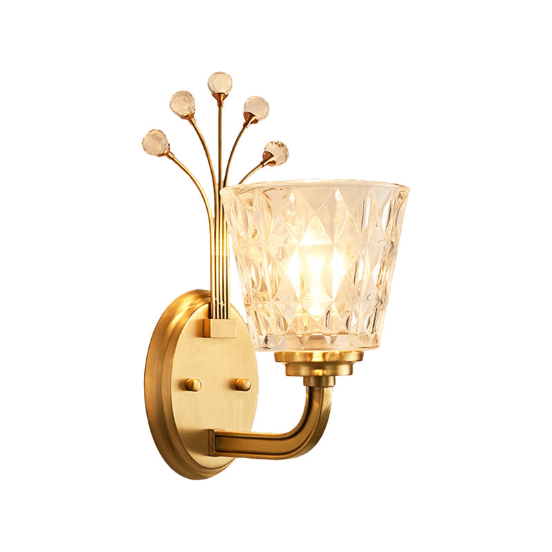 Modern Flush Wall Sconce With Clear Glass Shade And Crystal In Brass Finish - 1/2-Light Tapered