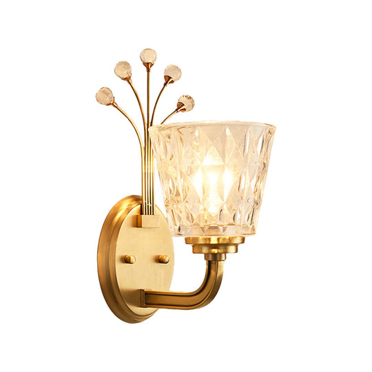 Modern Flush Wall Sconce With Clear Glass Shade And Crystal In Brass Finish - 1/2-Light Tapered