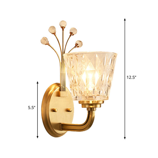 Modern Flush Wall Sconce With Clear Glass Shade And Crystal In Brass Finish - 1/2-Light Tapered