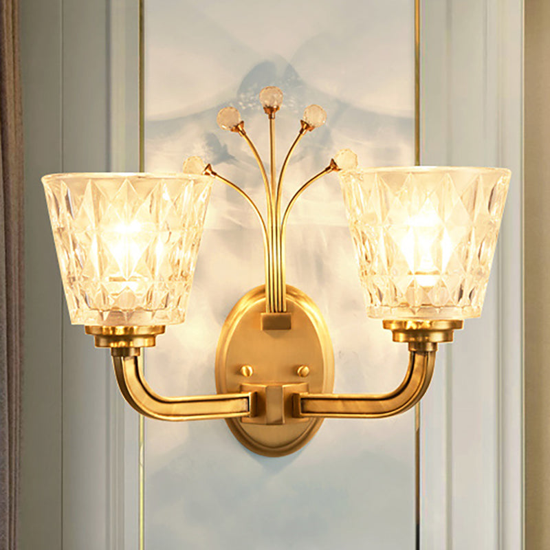 Modern Flush Wall Sconce With Clear Glass Shade And Crystal In Brass Finish - 1/2-Light Tapered