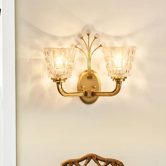 Modern Flush Wall Sconce With Clear Glass Shade And Crystal In Brass Finish - 1/2-Light Tapered