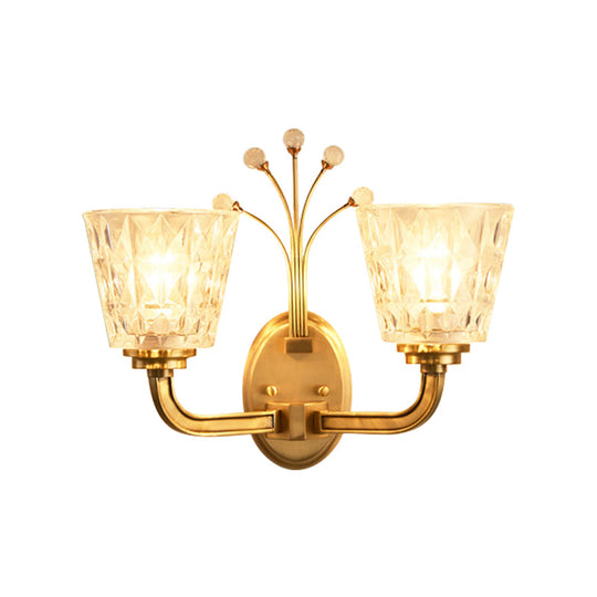 Modern Flush Wall Sconce With Clear Glass Shade And Crystal In Brass Finish - 1/2-Light Tapered