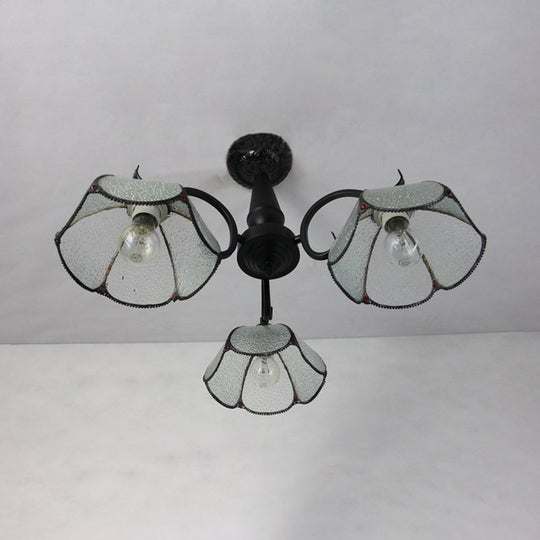 Semi Flush Mount Stained Glass Ceiling Light Fixture with 3 Domed Retro Style Heads - Beige/Clear/Blue for Foyer