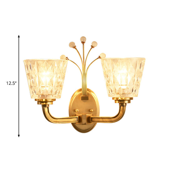 Modern Flush Wall Sconce With Clear Glass Shade And Crystal In Brass Finish - 1/2-Light Tapered