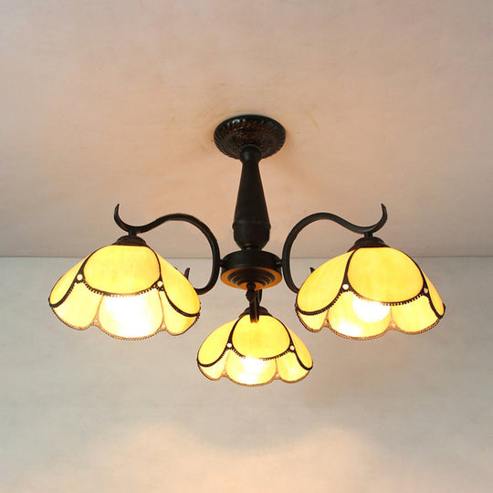 Semi Flush Mount Stained Glass Ceiling Light Fixture With 3 Domed Retro Style Heads -