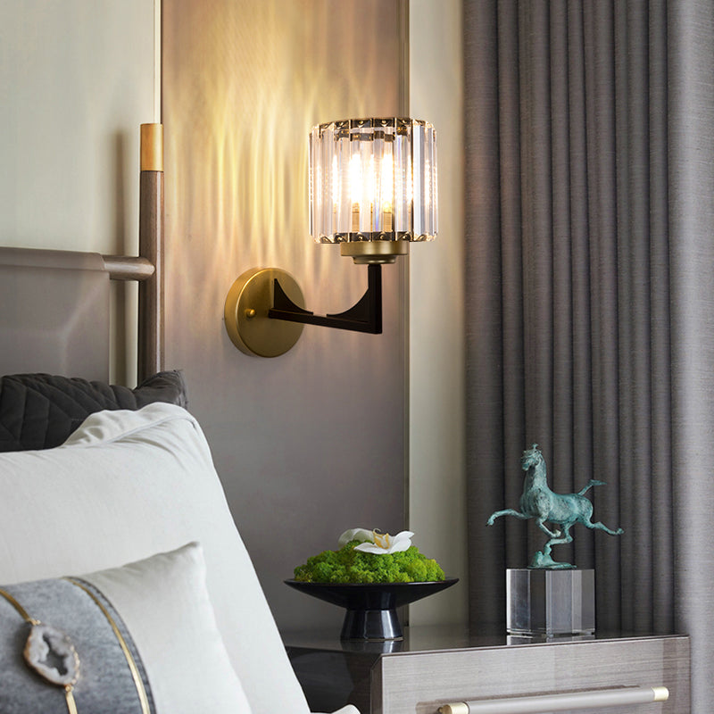 Modern Crystal Wall Lamp In Brass With Angle-Armed Lighting & Clear Cylindrical Shade