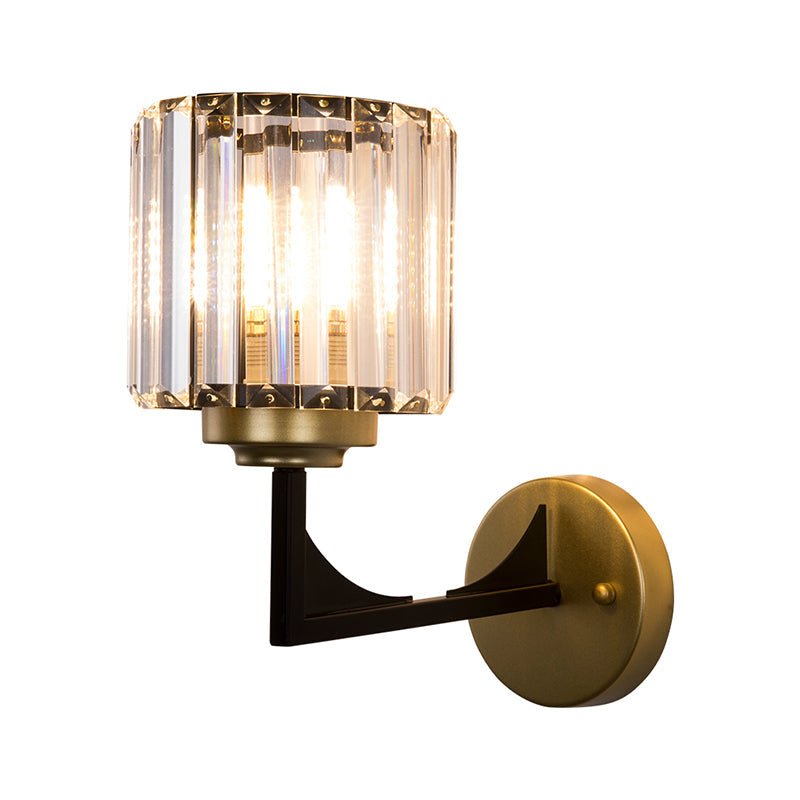 Modern Crystal Wall Lamp In Brass With Angle-Armed Lighting & Clear Cylindrical Shade