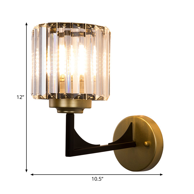 Modern Crystal Wall Lamp In Brass With Angle-Armed Lighting & Clear Cylindrical Shade