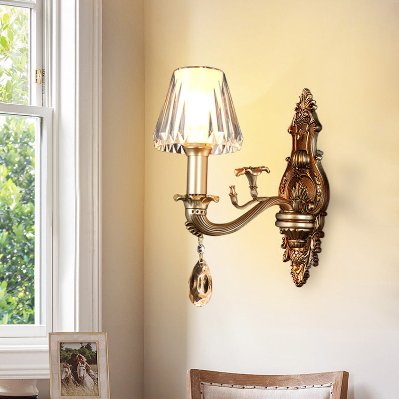 Vintage Conic Sconce Light With Clear Acrylic Shade & Carved Arm In Gold - 1/2-Head Wall Fixture 1 /