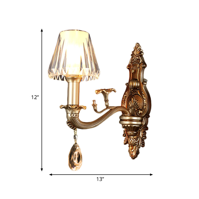 Vintage Conic Sconce Light With Clear Acrylic Shade & Carved Arm In Gold - 1/2-Head Wall Fixture