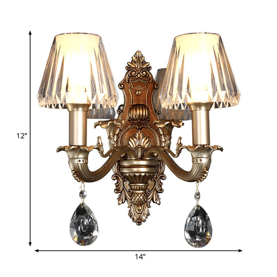 Vintage Conic Sconce Light With Clear Acrylic Shade & Carved Arm In Gold - 1/2-Head Wall Fixture