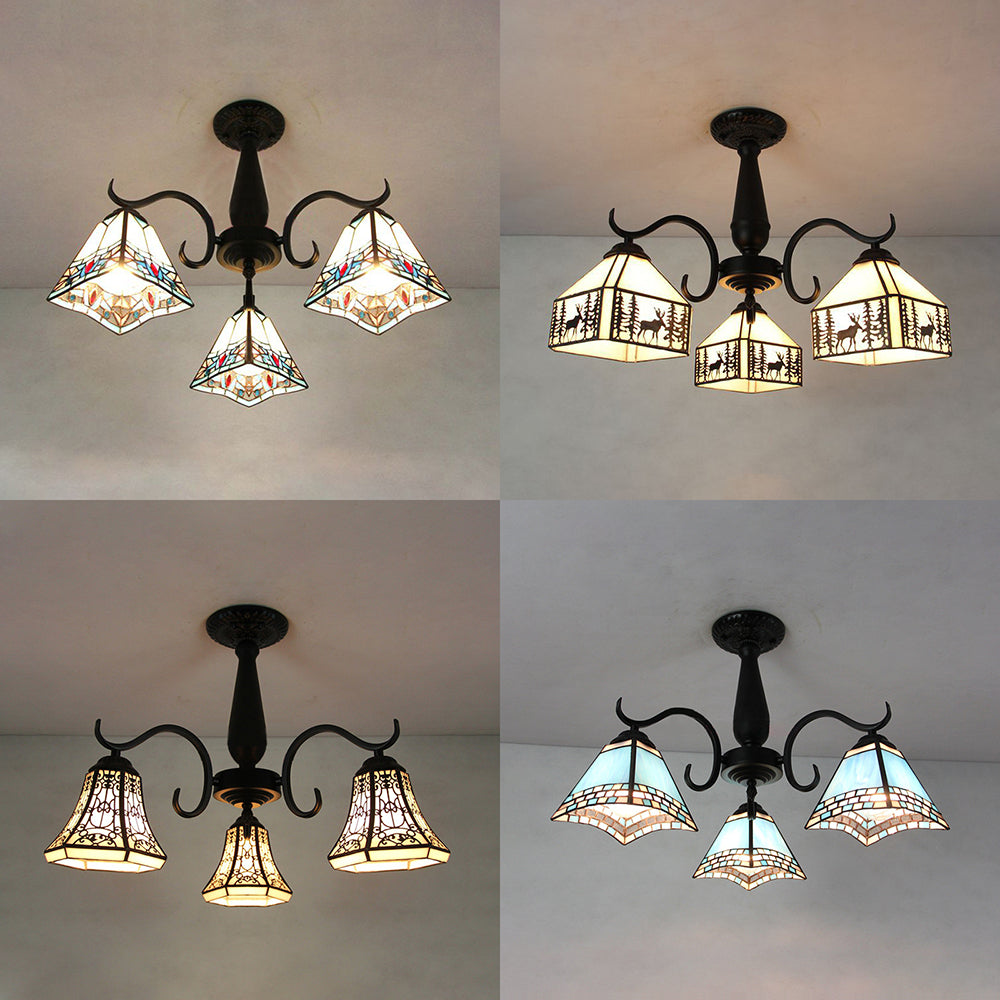 Rustic Stained Glass Ceiling Light Fixture With Geometric Semi Flush Design 3 Heads