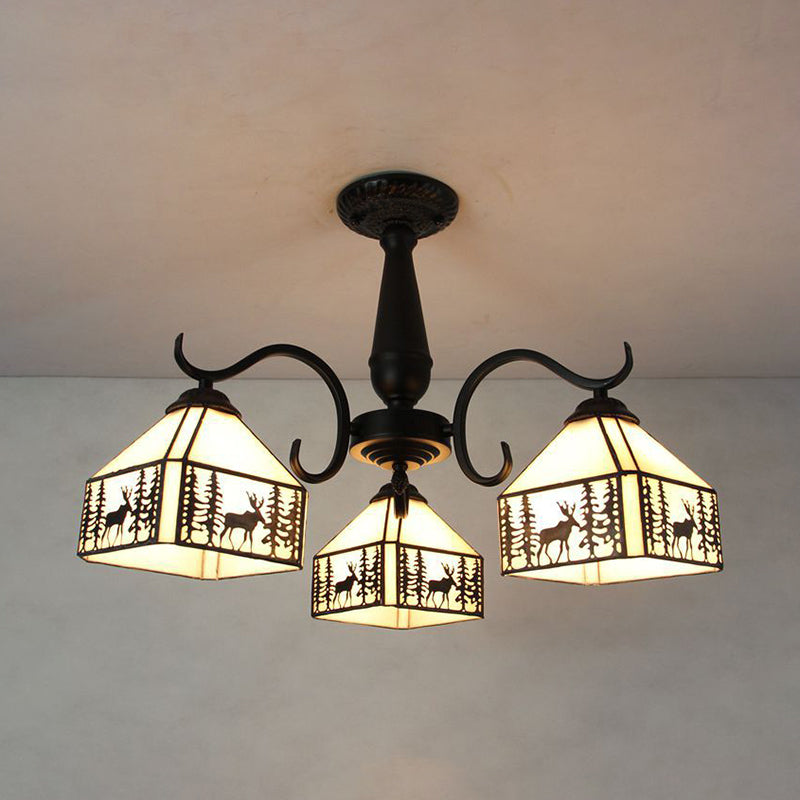 Rustic Stained Glass Ceiling Light Fixture With Geometric Semi Flush Design 3 Heads