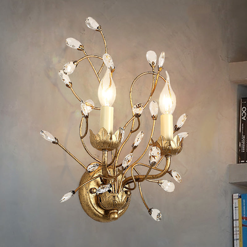 Vintage Antique Brass Wall Sconce With Clear Crystal Branch Design And Candle-Inspired Lights