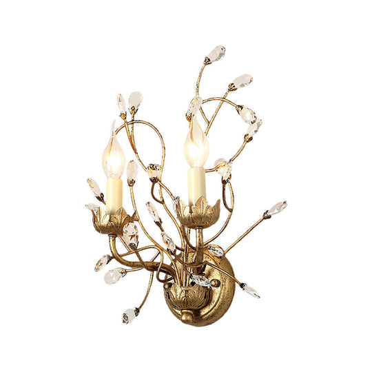 Vintage Antique Brass Wall Sconce With Clear Crystal Branch Design And Candle-Inspired Lights