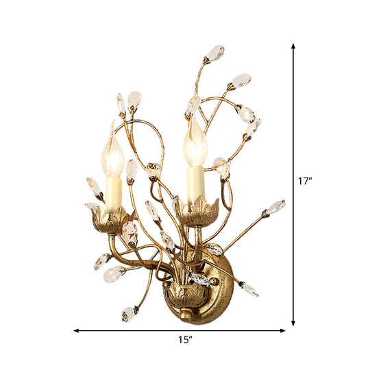 Vintage Antique Brass Wall Sconce With Clear Crystal Branch Design And Candle-Inspired Lights