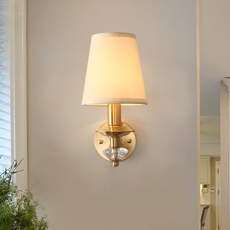 Modern Brass Wall Lamp With Fabric Cone Shade - Stylish Living Room Lighting