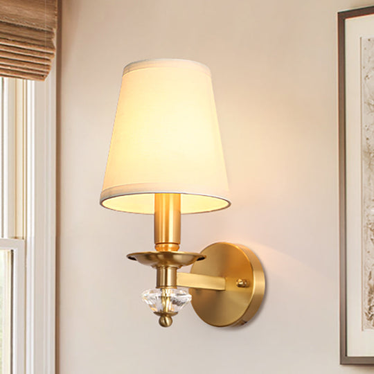 Modern Brass Wall Lamp With Fabric Cone Shade - Stylish Living Room Lighting