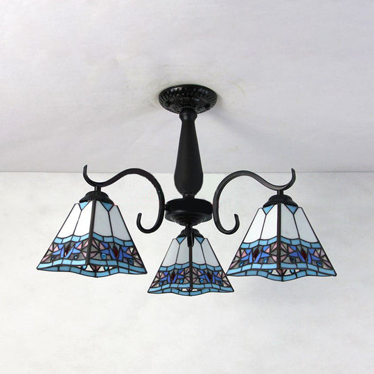 Rustic Stained Glass Ceiling Light Fixture With Geometric Semi Flush Design 3 Heads