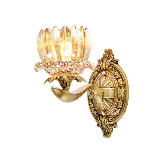 Vintage Brass Wall Sconce With Crystal Flower Shade For Elegant Living Room Lighting