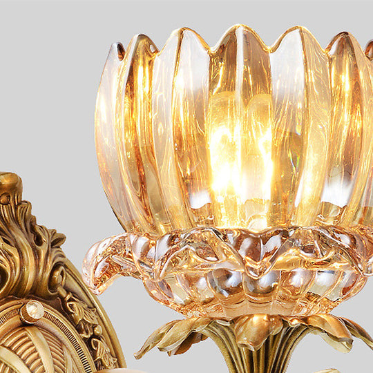 Vintage Brass Wall Sconce With Crystal Flower Shade For Elegant Living Room Lighting