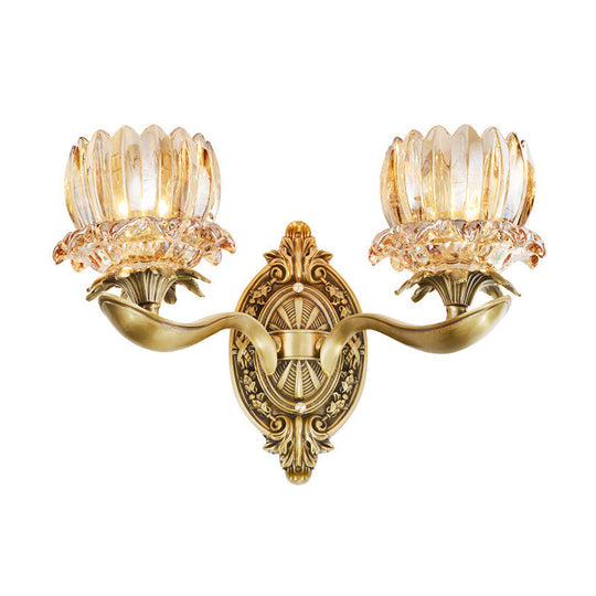 Vintage Brass Wall Sconce With Crystal Flower Shade For Elegant Living Room Lighting