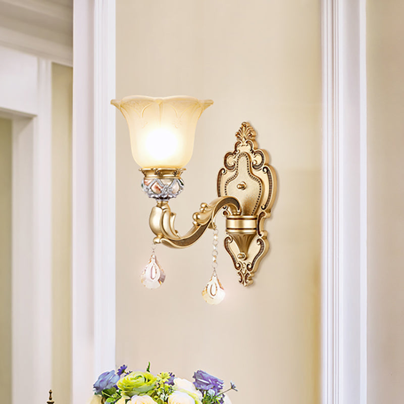 Vintage White Glass Sconce Light With Carved Arm - 1-Light Petal Wall Mounted Lighting In Gold