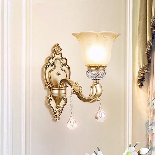 Vintage White Glass Sconce Light With Carved Arm - 1-Light Petal Wall Mounted Lighting In Gold