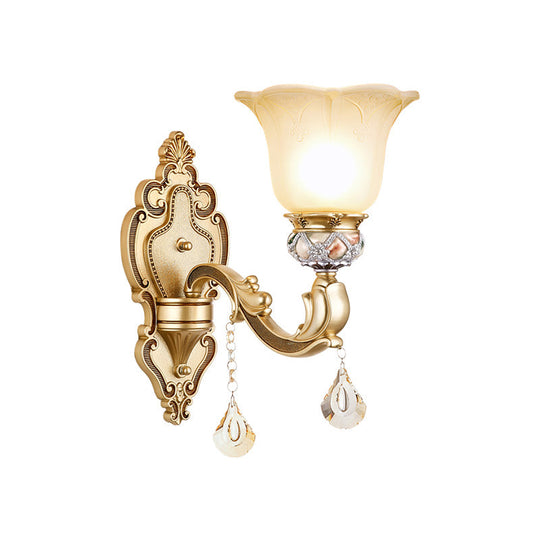 Vintage White Glass Sconce Light With Carved Arm - 1-Light Petal Wall Mounted Lighting In Gold