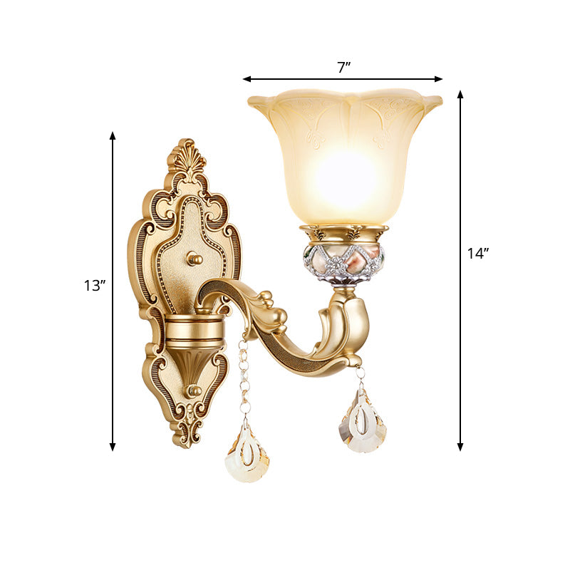 Vintage White Glass Sconce Light With Carved Arm - 1-Light Petal Wall Mounted Lighting In Gold