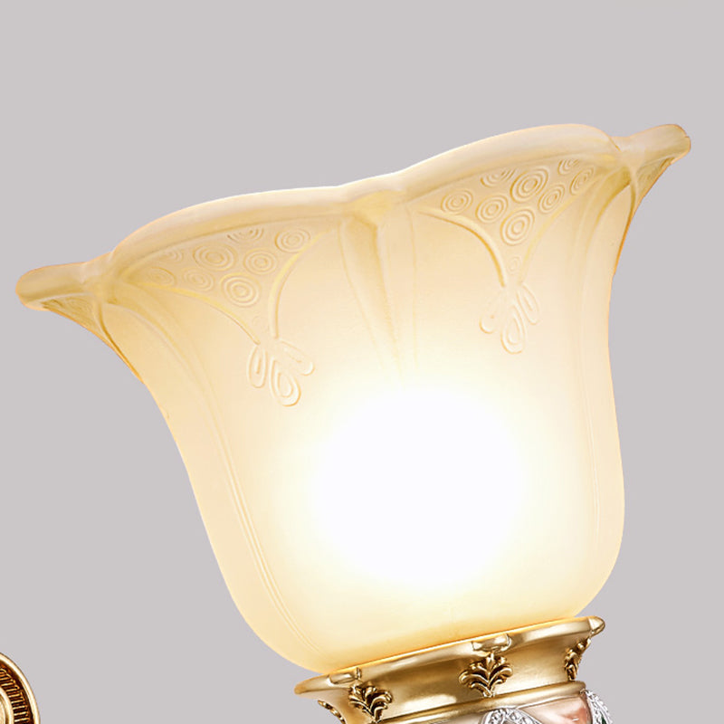 Vintage White Glass Sconce Light With Carved Arm - 1-Light Petal Wall Mounted Lighting In Gold