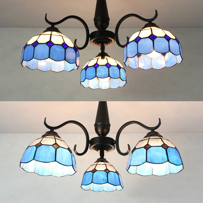 Vintage Industrial Stained Glass Semi Flush Mount Ceiling Light with 3 Rhombus/Magnolia Patterns in Sky Blue and Yellow