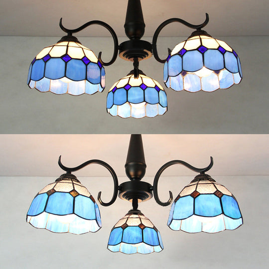 Vintage Industrial Stained Glass Semi Flush Mount Ceiling Light with 3 Rhombus/Magnolia Patterns in Sky Blue and Yellow