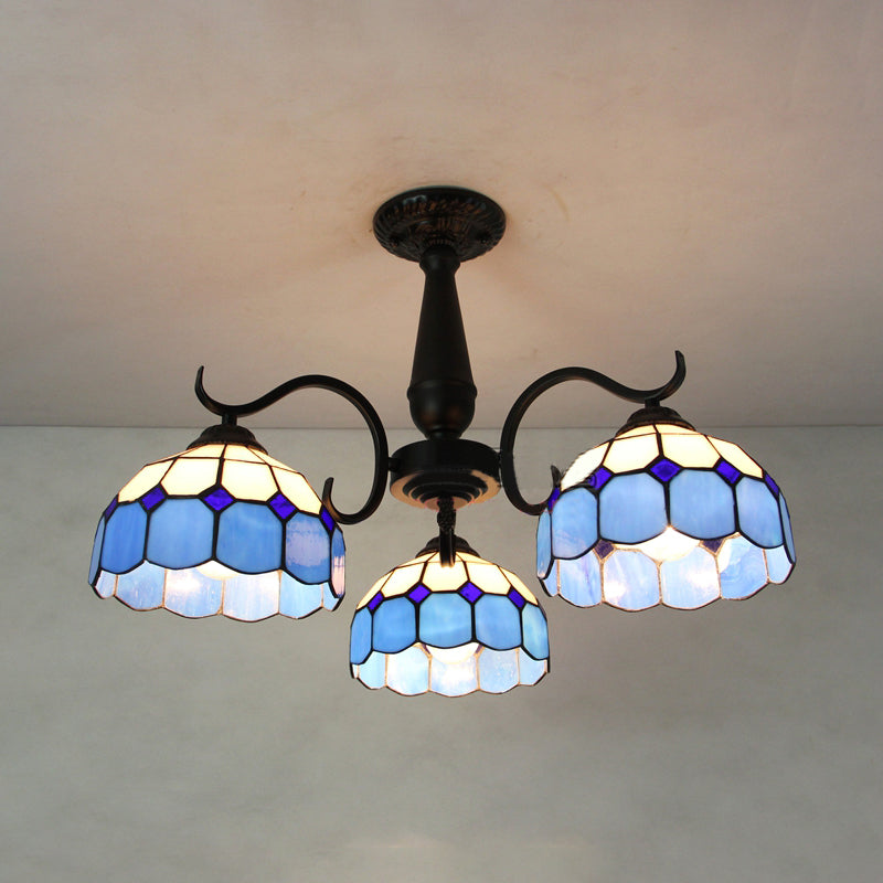 Vintage Industrial Stained Glass Semi Flush Mount Ceiling Light with 3 Rhombus/Magnolia Patterns in Sky Blue and Yellow