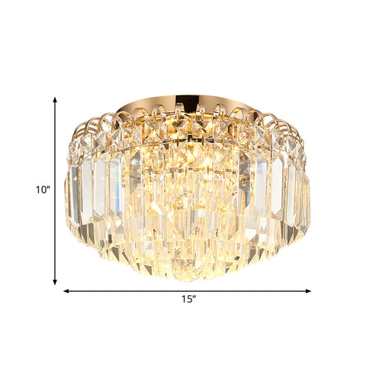 16/19.5 Width Crystal Prism Flush Mount Led Ceiling Fixture In Brass With Modern Round Shade