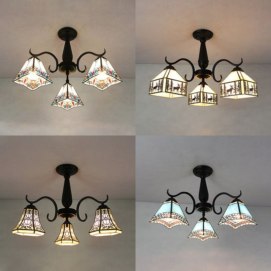 Vintage Industrial Stained Glass Semi Flush Mount Ceiling Light with 3 Rhombus/Magnolia Patterns in Sky Blue and Yellow