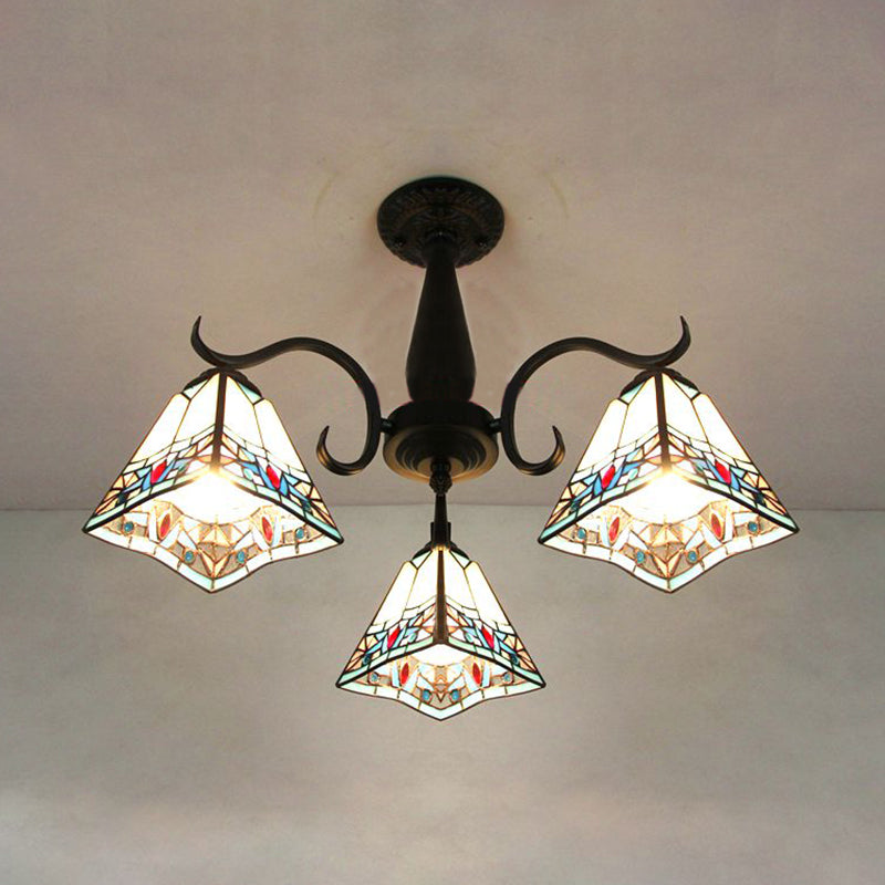 Vintage Industrial Stained Glass Semi Flush Mount Ceiling Light with 3 Rhombus/Magnolia Patterns in Sky Blue and Yellow