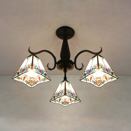 Vintage Industrial Stained Glass Semi Flush Mount Ceiling Light with 3 Rhombus/Magnolia Patterns in Sky Blue and Yellow