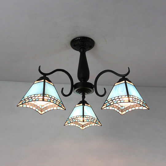 Vintage Industrial Stained Glass Semi Flush Mount Ceiling Light with 3 Rhombus/Magnolia Patterns in Sky Blue and Yellow