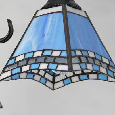 Vintage Industrial Stained Glass Semi Flush Mount Ceiling Light with 3 Rhombus/Magnolia Patterns in Sky Blue and Yellow