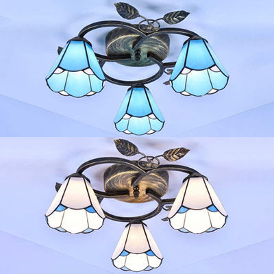 Tiffany Stained Glass Conic Shape Ceiling Light - 3 Lights Flush Mount Fixture in White/Blue for Living Room