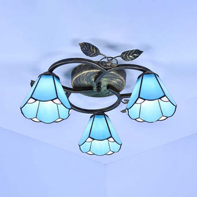 Tiffany Stained Glass Conic Shape Ceiling Light - 3 Lights Flush Mount Fixture in White/Blue for Living Room