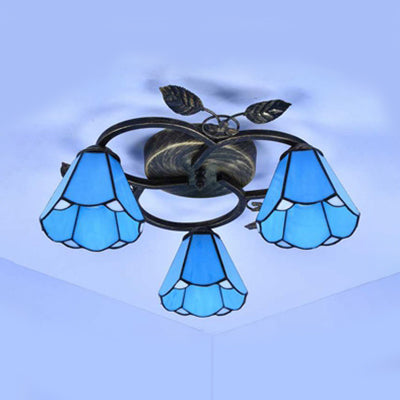 Tiffany Stained Glass Conic Shape Ceiling Light - 3 Lights Flush Mount Fixture In White/Blue For