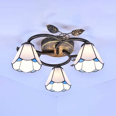 Tiffany Stained Glass Conic Shape Ceiling Light - 3 Lights Flush Mount Fixture in White/Blue for Living Room