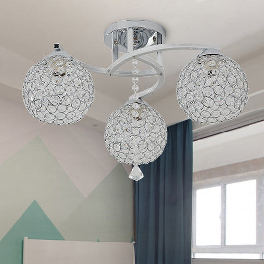 Sleek Crystal Semi-Flush Mount Light Fixture for Living Room - 3/5 Lights Globe, Simple Chrome Design